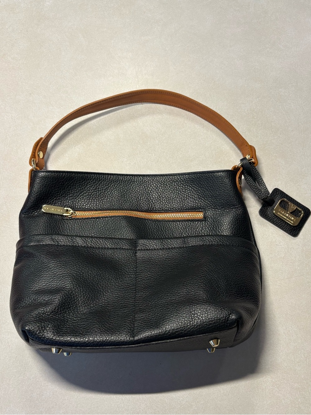 Valentina Black leather Shoulder Bag with Tan Handle